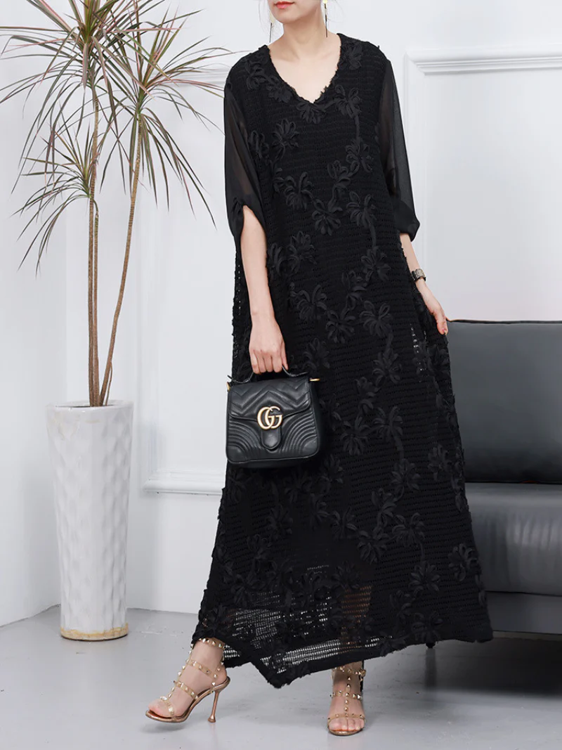 Female Spring Long Sleeves Flower Embroidery Style A-Line Party Dress - Image 5