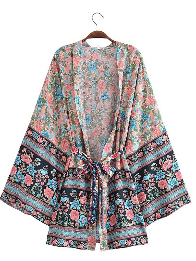 Short Kimono With Floral Print Blue - Image 2