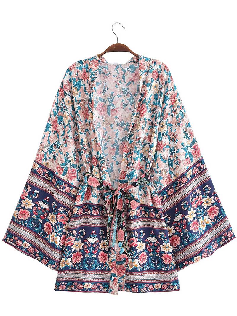 Short Kimono With Floral Print Blue - Image 3