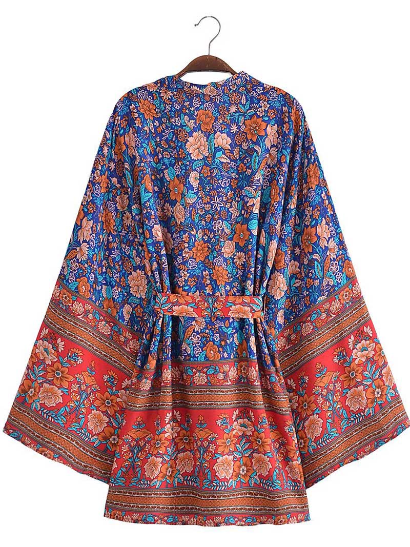 Short Kimono With Floral Print Blue - Image 4