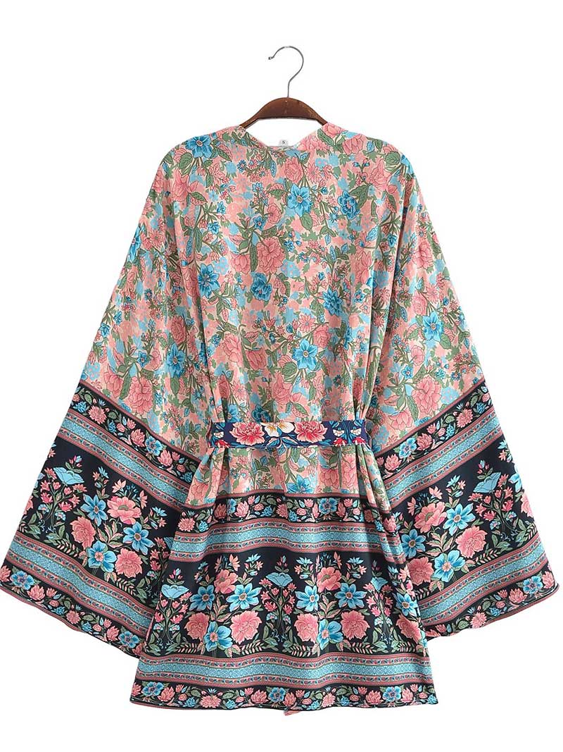Short Kimono With Floral Print Blue - Image 5
