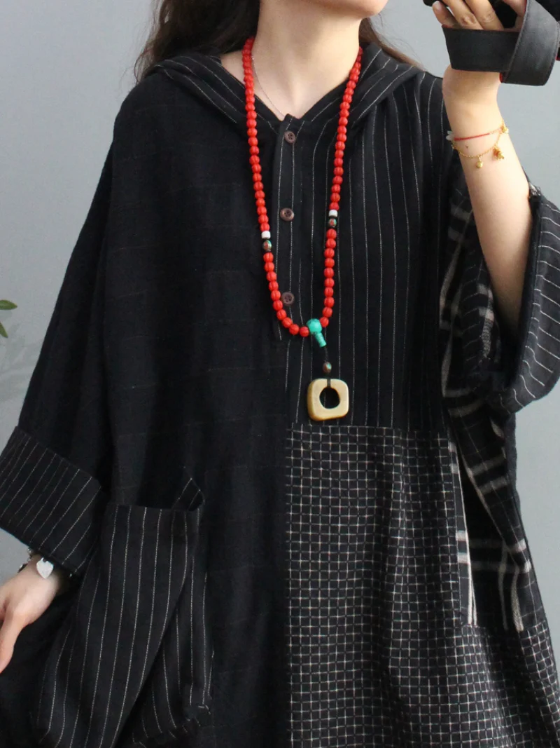 Spring Plaid Cotton Loose Large Pockets Hooded Dress - Image 3