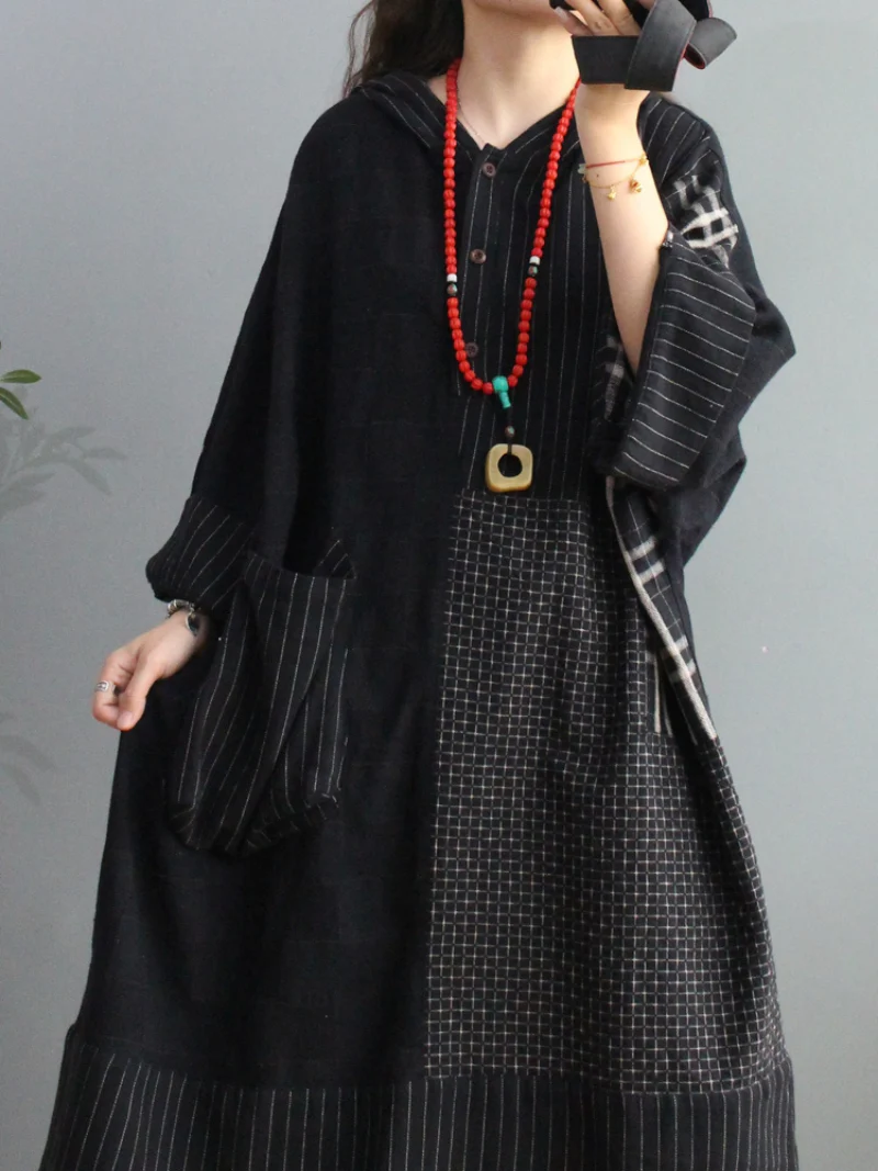 Spring Plaid Cotton Loose Large Pockets Hooded Dress - Image 5