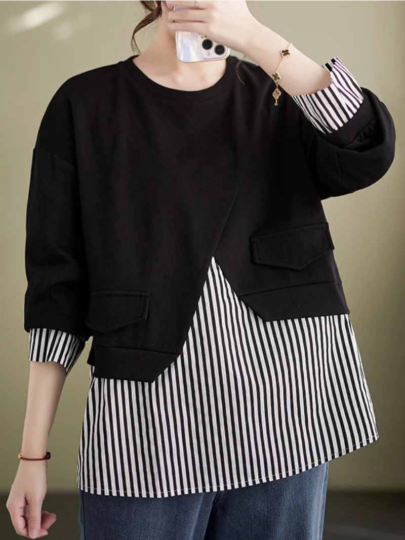 Spring Striped Splicing Fake Two Piece Plus-Size Sweater Top - Image 2