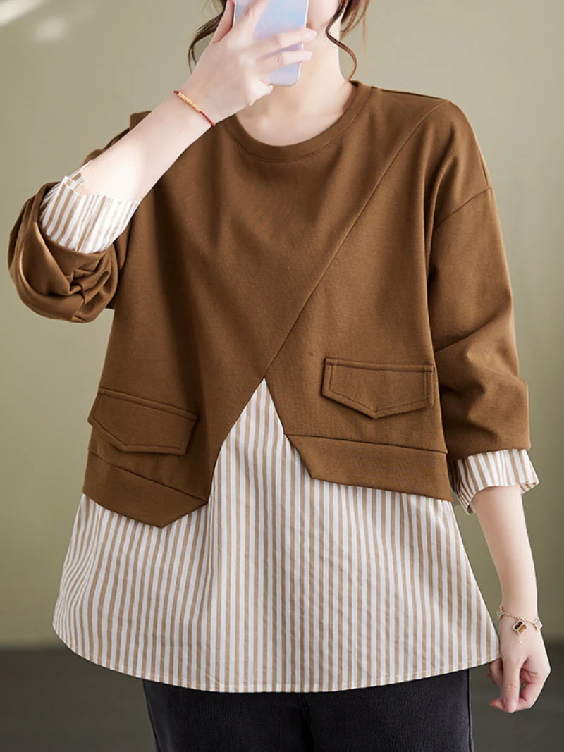 Spring Striped Splicing Fake Two Piece Plus-Size Sweater Top - Image 3