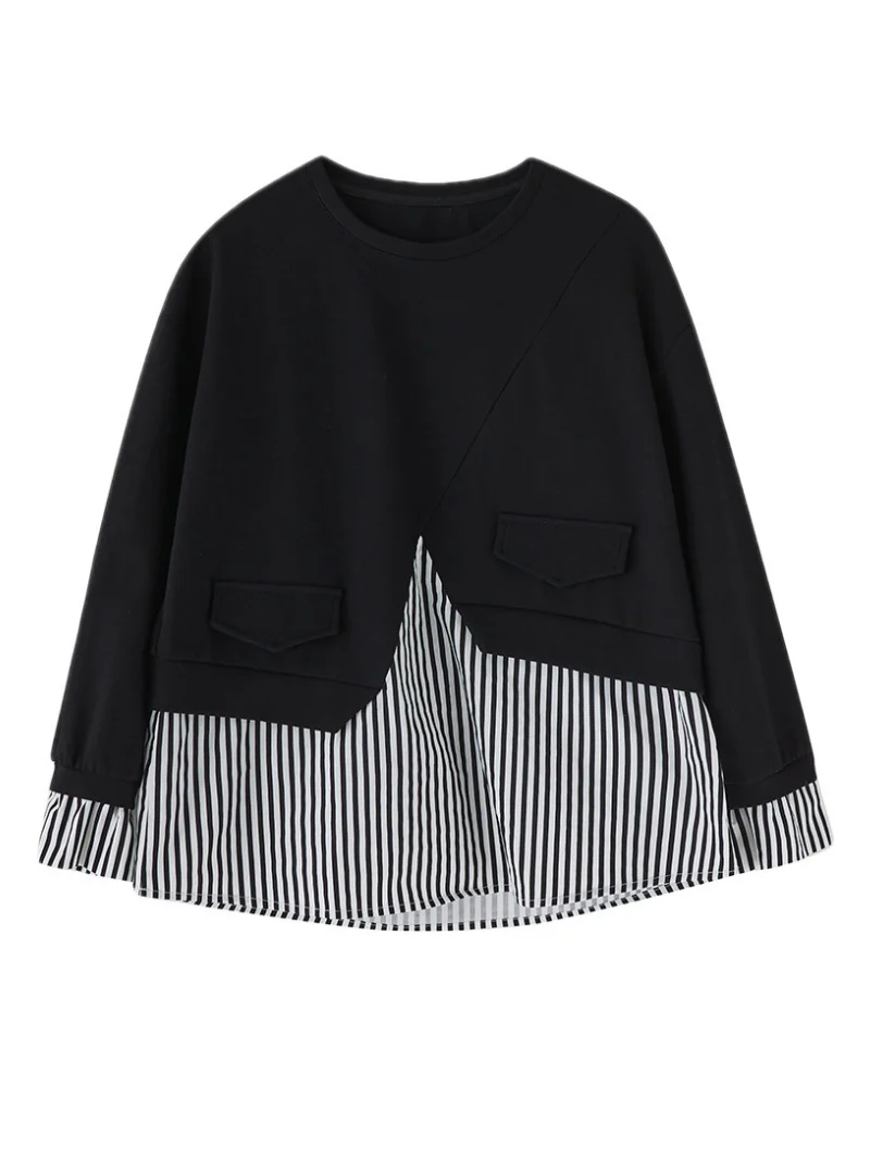 Spring Striped Splicing Fake Two Piece Plus-Size Sweater Top - Image 4