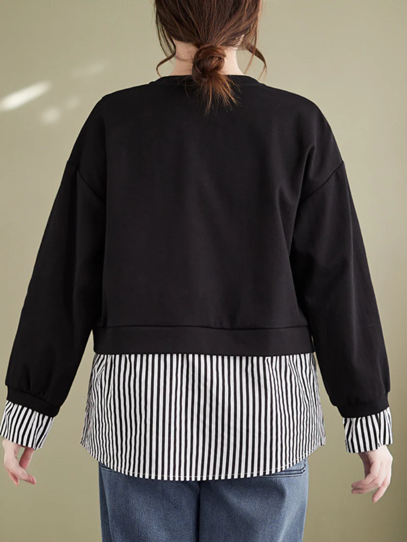 Spring Striped Splicing Fake Two Piece Plus-Size Sweater Top - Image 5