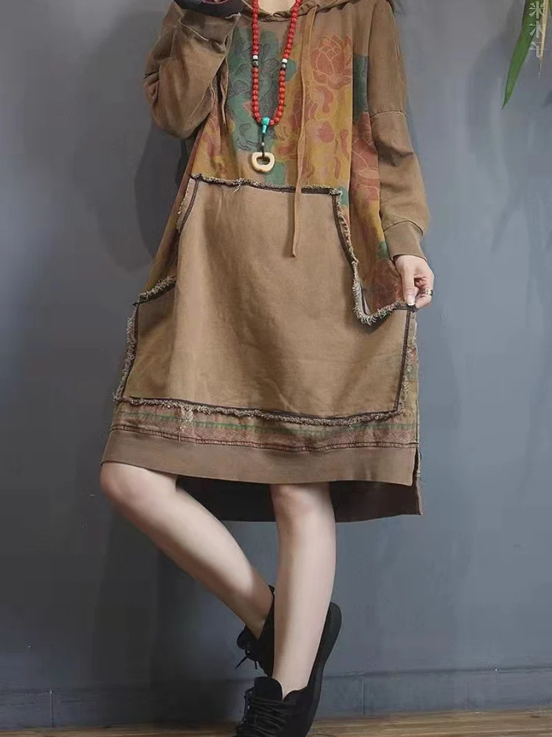 stylish contrast color denim loose large size midi length hoodie - Image 2