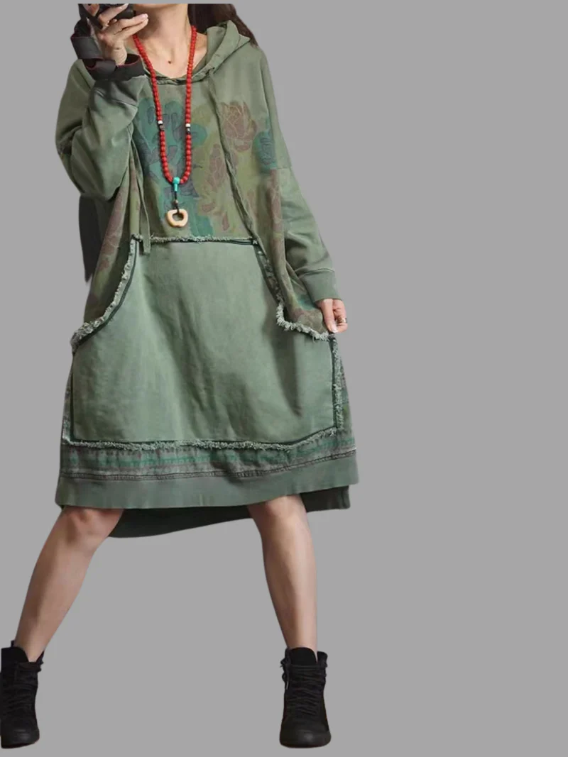 stylish contrast color denim loose large size midi length hoodie - Image 5