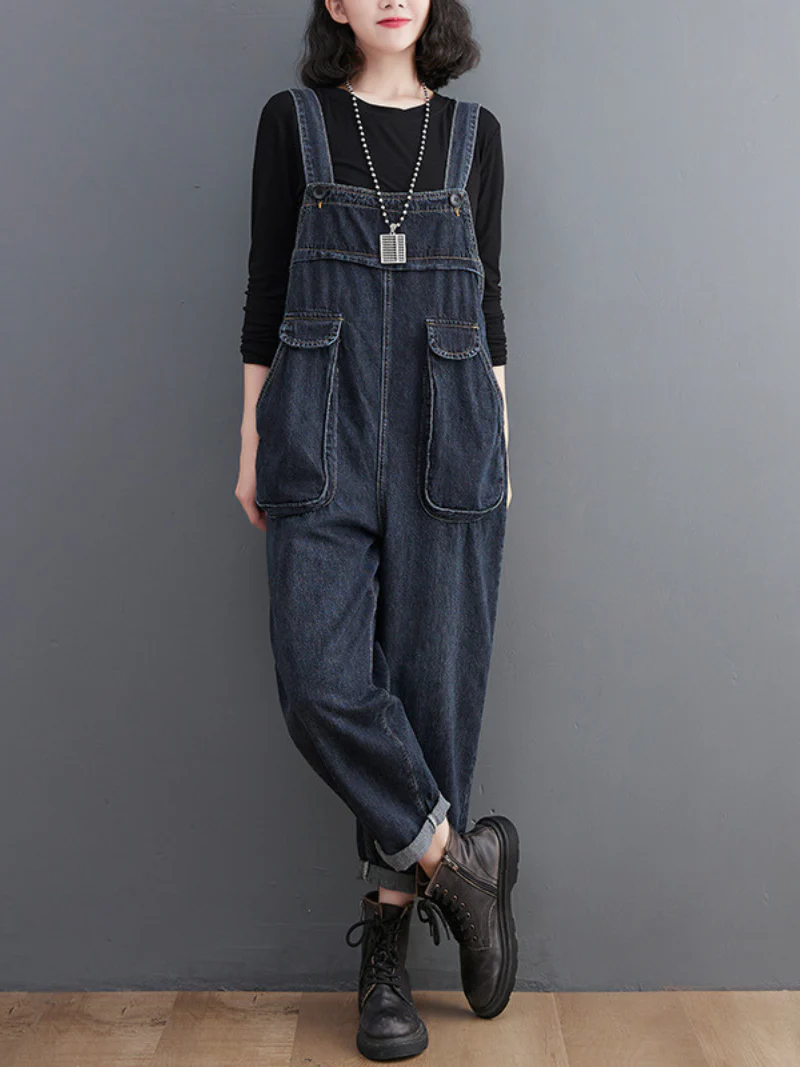 Stylish Literary Retro Large Size Loose Black Denim Overalls - Image 3