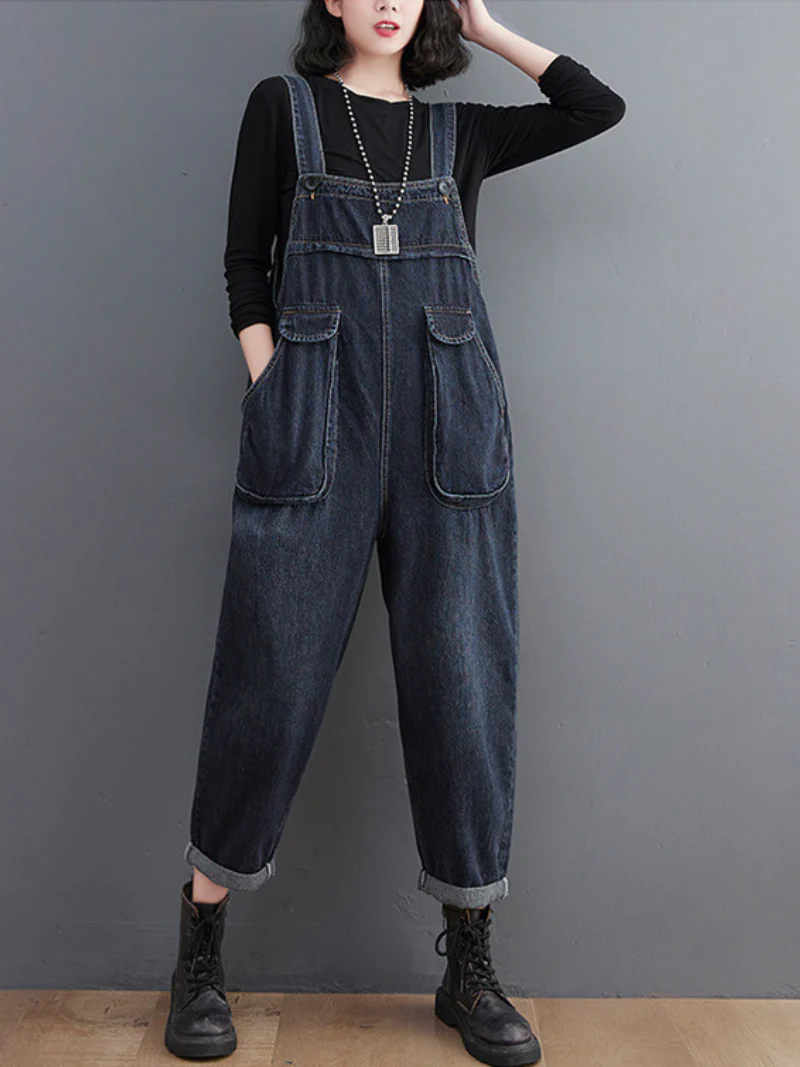 Stylish Literary Retro Large Size Loose Black Denim Overalls - Image 4