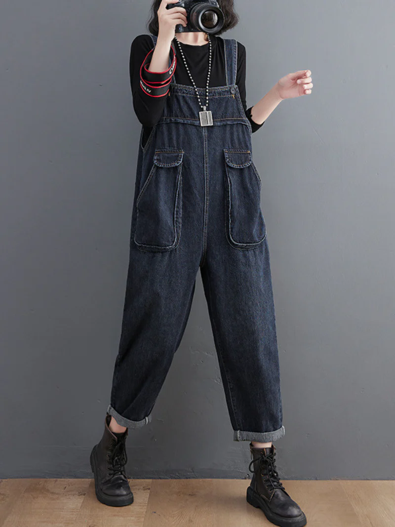 Stylish Literary Retro Large Size Loose Black Denim Overalls - Image 5