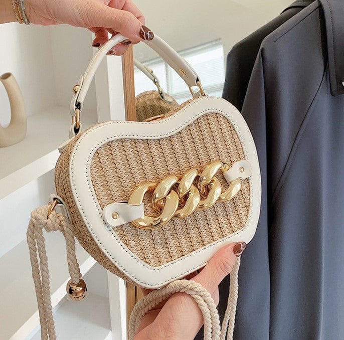 Woven Basket Crossbody Bag with Decorative Gold Links