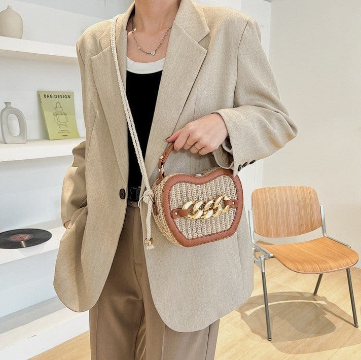 Woven Basket Crossbody Bag with Decorative Gold Links - Image 10