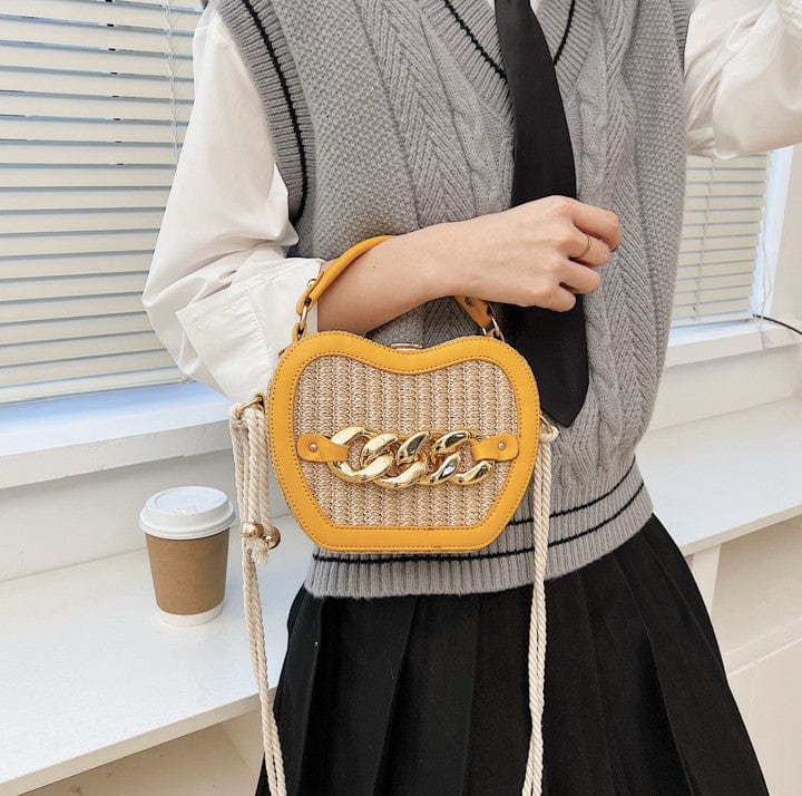 Woven Basket Crossbody Bag with Decorative Gold Links - Image 13