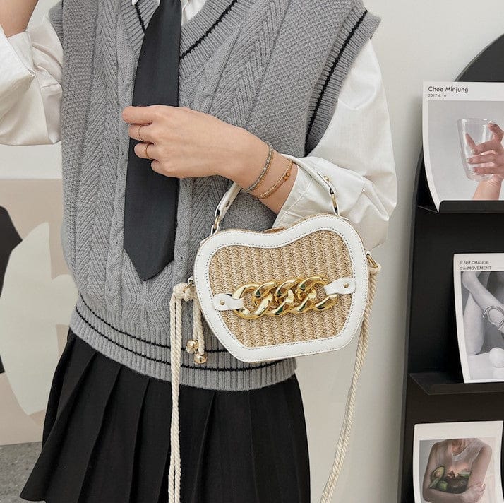 Woven Basket Crossbody Bag with Decorative Gold Links - Image 2