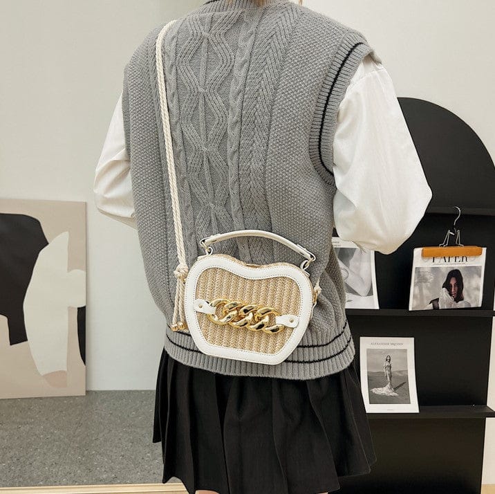 Woven Basket Crossbody Bag with Decorative Gold Links - Image 3