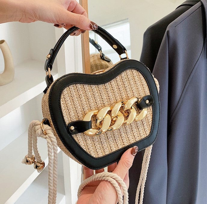 Woven Basket Crossbody Bag with Decorative Gold Links - Image 6