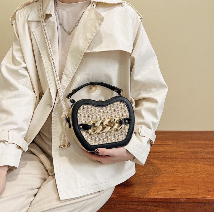 Woven Basket Crossbody Bag with Decorative Gold Links - Image 7