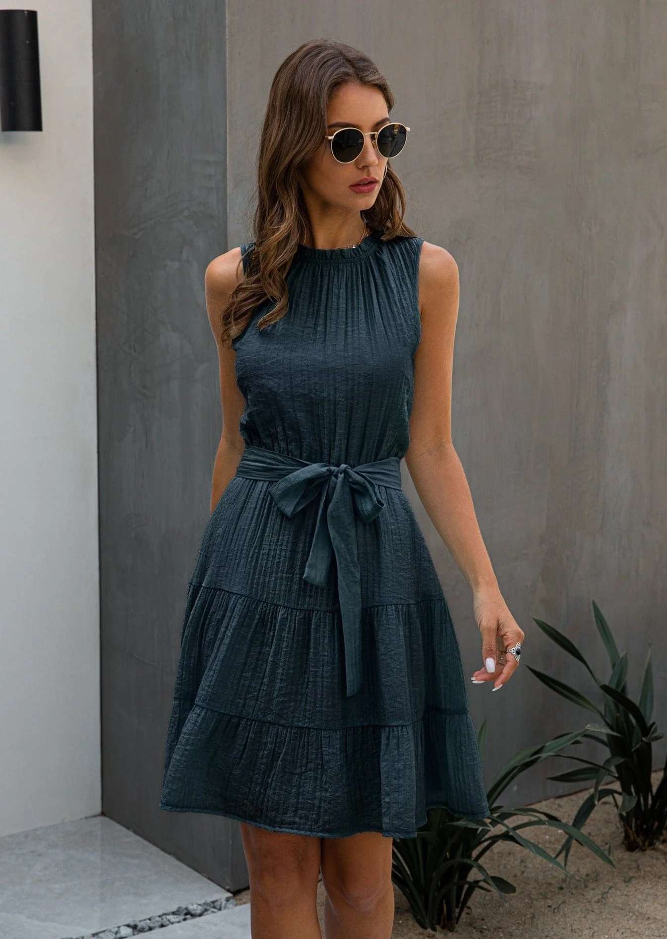 Wrinkled Style Tie Belt Dress - Image 2