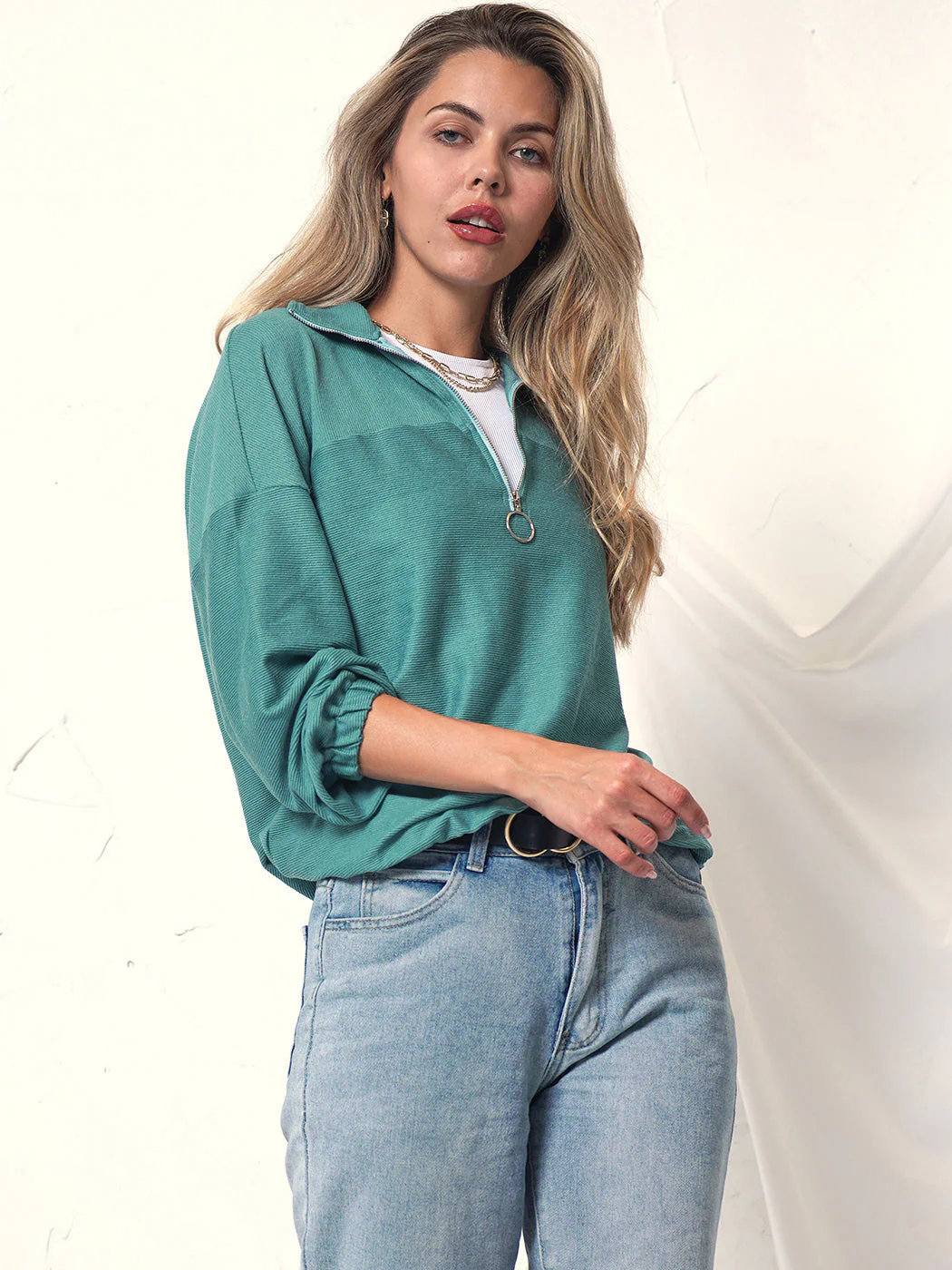 Zip-Up Textured Knit Sweatshirt - Image 4